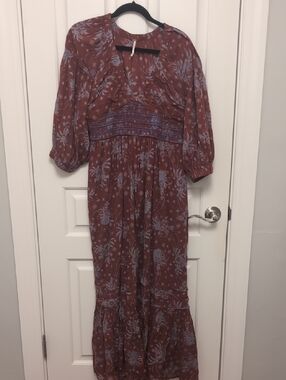 Free People Rust Maxi Dress with Blue Floral Print